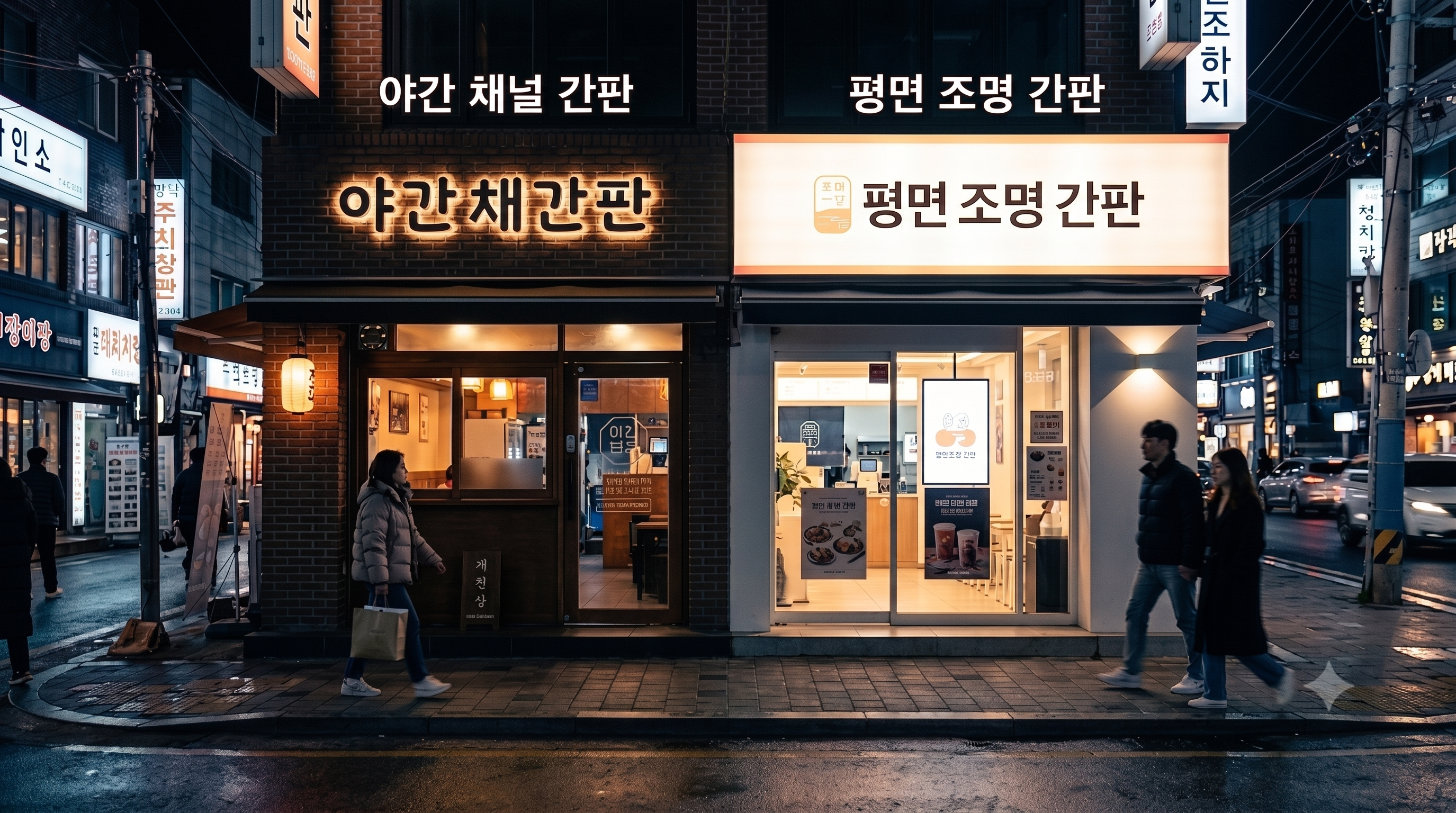 야간 거리에서 본 LED 채널간판과 플렉스 일반 간판의 시인성 비교